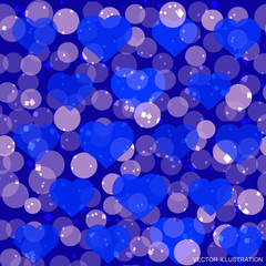 Festive blue background with sparkling hearts. Romantic illustration for holidays. Vector illustration.