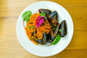Pasta with Mussels Dinner Dish on a the table