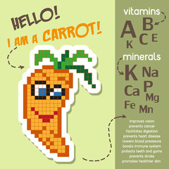 Creative infographics about vitamins and minerals in carrot. Health benefits of carrot. Cartoon style. Vector illustration