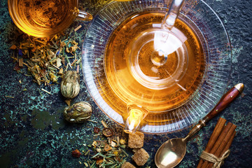 Tea in a cup on an old background