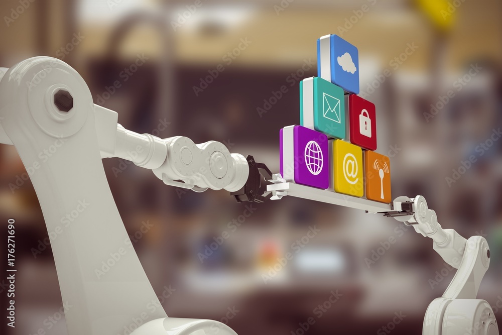 Poster composite image of robotic hands holding computer icons against