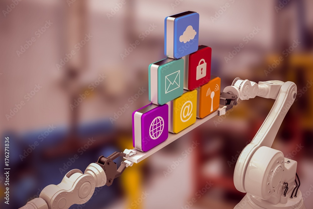 Poster Composite image of metallic robotic hands holding computer icons