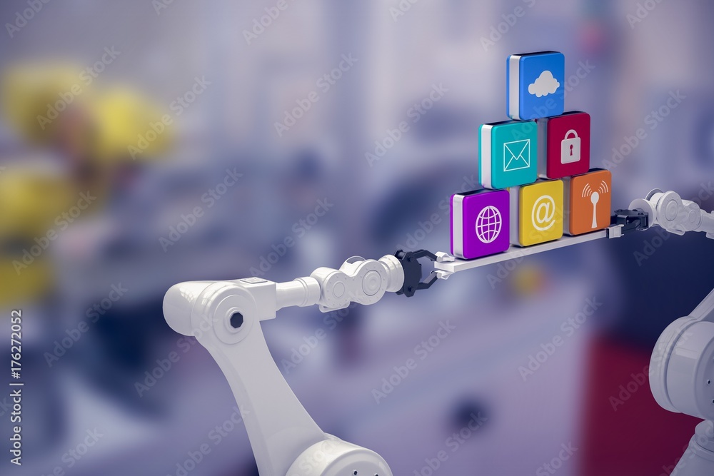 Poster composite image of white robotic hands holding computer icons