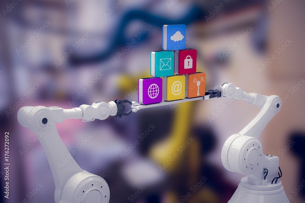 Poster composite image of white robotic hands holding computer icons