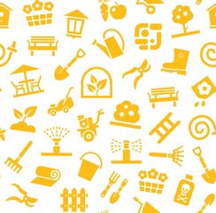 Landscape design, seamless background, white and yellow, vector. Background with equipment for gardening and horticulture. Yellow, flat pictures on a white field. Arrangement of land. 