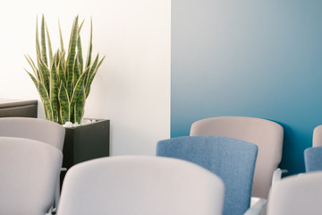 sillas azules y grises agrupadas en una sala de conferencia para una chala informal - obrazy, fototapety, plakaty