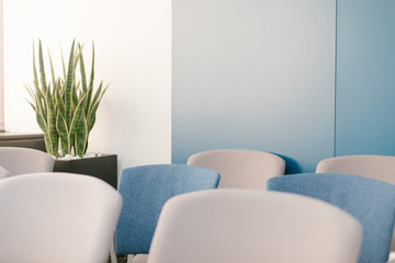 sillas azules y grises agrupadas en una sala de conferencia para una coloquio informal