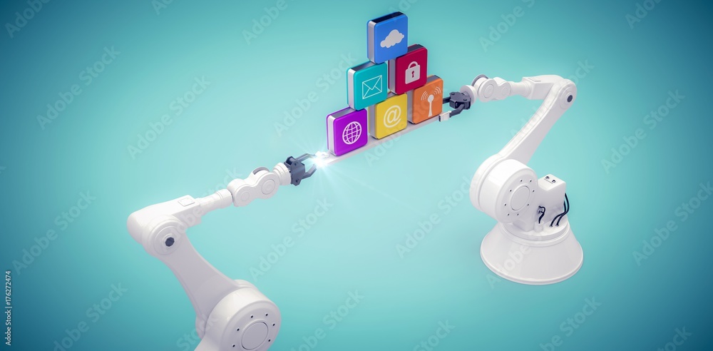 Poster composite image of robotic hands holding multi colored computer