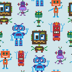 Seamless pattern with comic pixel robots on blue background. Vector illustration