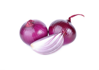 whole and cut fresh shallot or red onion on white background