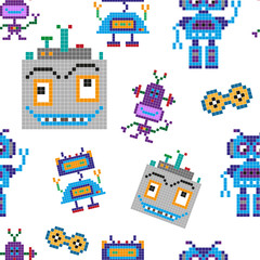 Seamless pattern with comic pixel robots on white background. Vector illustration
