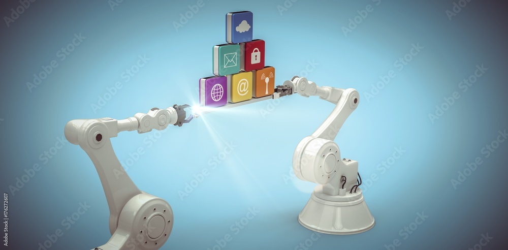 Poster composite image of white robotic hands holding computer icons