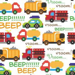 Seamless pattern with comic pixel cars on white background. Vector illustration