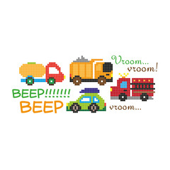 Colorful pixel comic toy cars isolated on the white background. Vector illustration