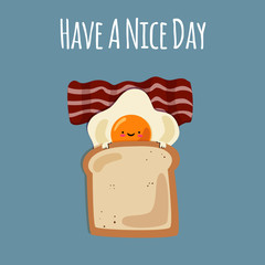 Funny good morning breakfast egg with toast and bacon cartoon. Vector illustration