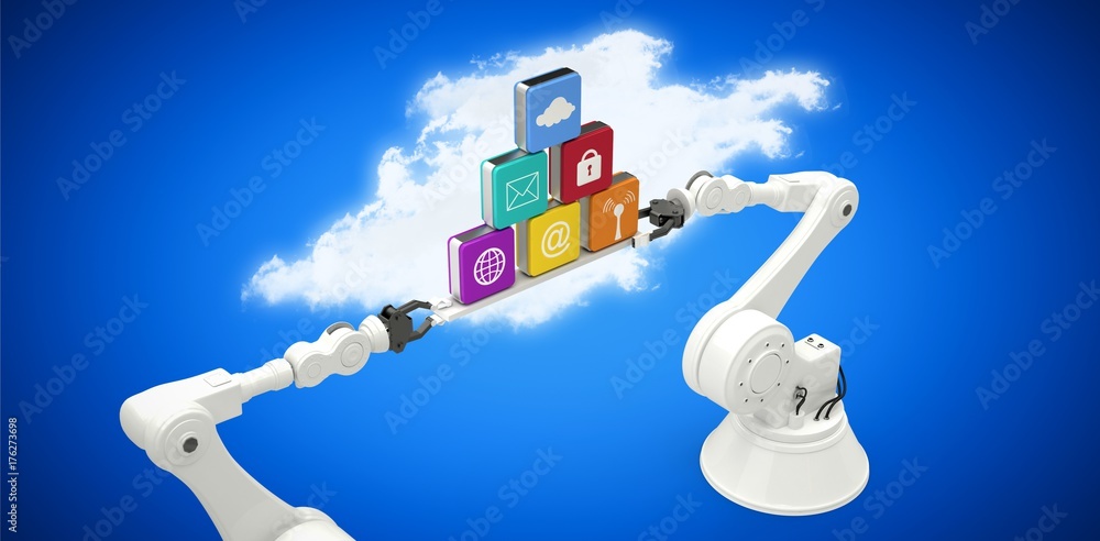 Poster composite image of robotic hands holding multi colored computer