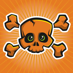 Orange cartoon skull with crossed bones on an orange background. Vector illustration.