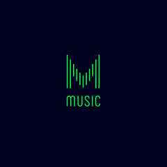  M monogram. Music logo. Green letter  M as equalizer on dark background