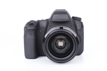 Black DSLR Camera isolated on white background