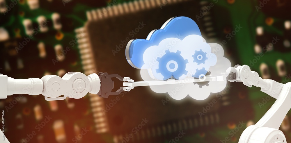 Poster composite image of cogs and wheels in cloud