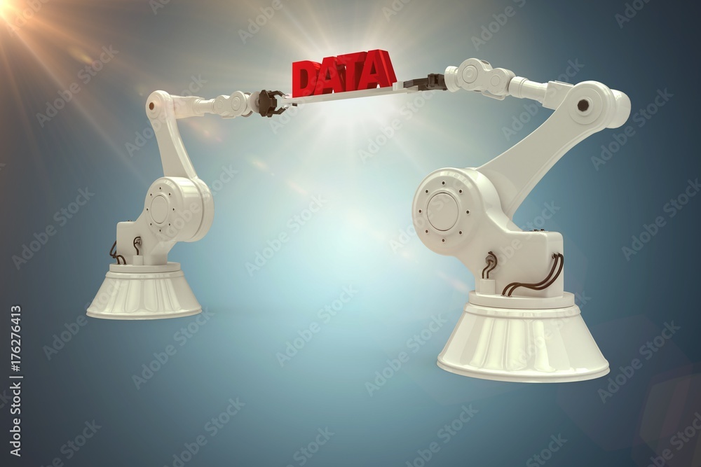 Poster composite image of metallic robotic hands holding red data