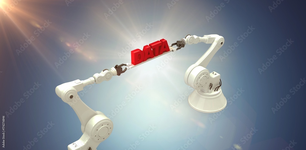 Poster composite image of robotic hands holding red data message over