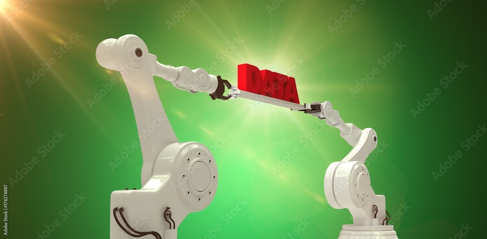 Poster composite image of metal robotic hands holding red data message