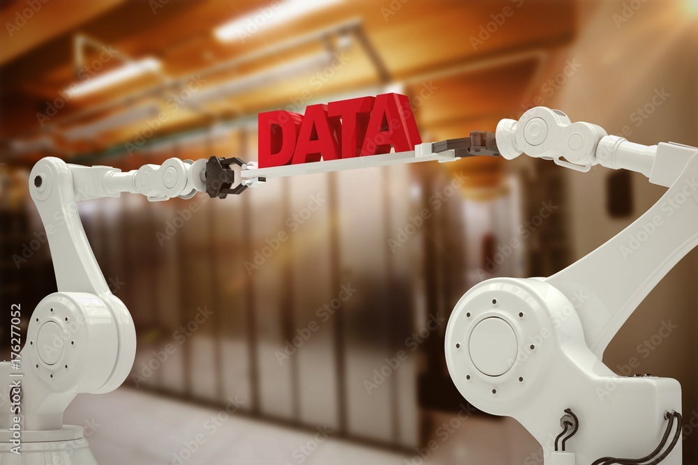 Poster composite image of metallic robotic hands holding red data