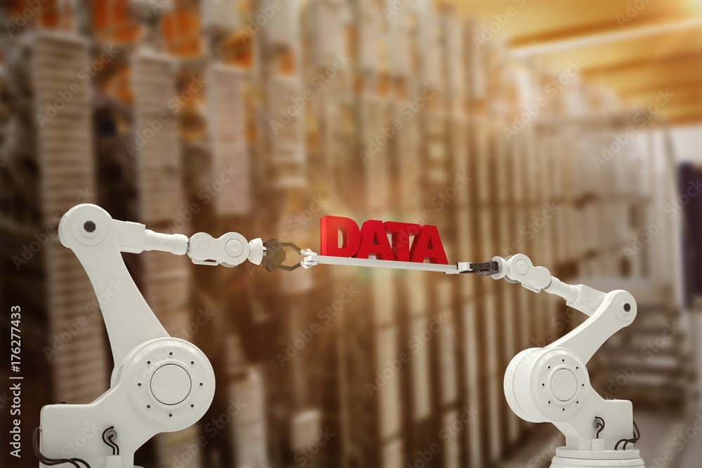 Poster composite image of robotic hands holding red data text