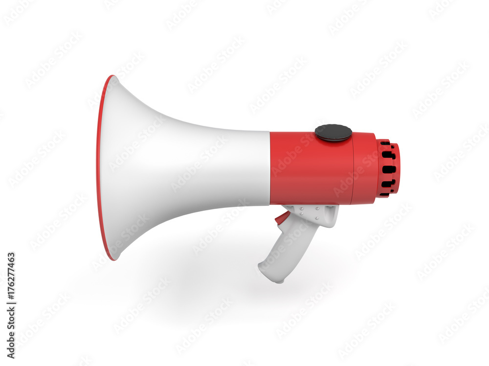 Poster 3d rendering of a single red and white megaphone isolated on white background.