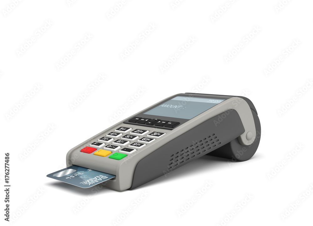 Poster 3d rendering of a card payment terminal with a sticking plastic card inside on white background.