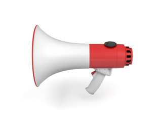 3d rendering of a single red and white megaphone isolated on white background.