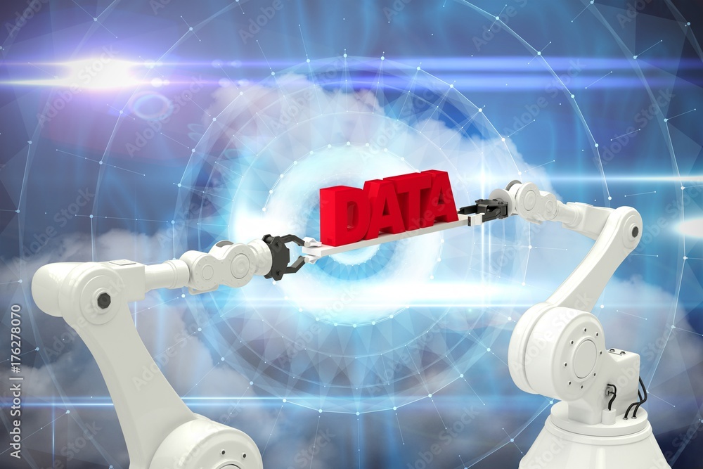 Poster composite image of white robotic hands holding red data message