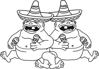 team paar 2 freunde party duo sombrero singen laut mexikaner rasseln hut mütze nerven fett dick sitzend klein süß niedlich windel kind baby comic cartoon