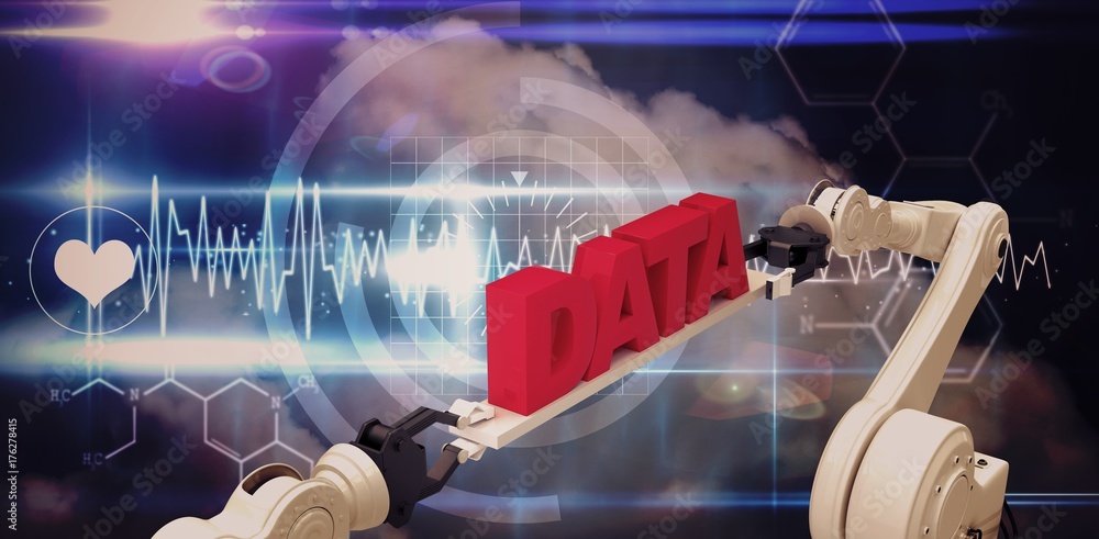 Aufkleber composite image of robotic hands holding data text