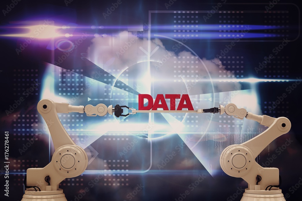 Poster composite image of robotic hands holding red data message