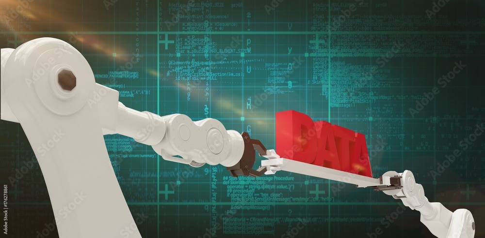 Poster composite image of robotic hands holding red data text against