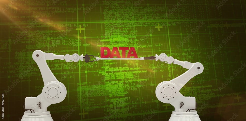 Poster composite image of robotic hands holding red data message