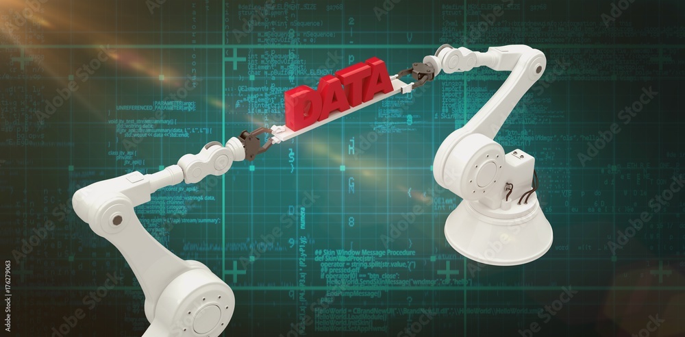 Poster composite image of robotic hands holding red data message over