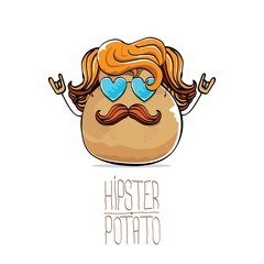 vector funny cartoon cute brown hipster potato with long blond hair, mustache and blue heart shape sunglasses isolated on white background.