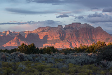 View of West Temple in Zion National park from the Gooseberry mesa road at sunset