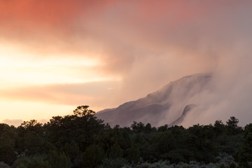 View of distant Pine Valley mountain at sunset with the wind blowing the storm away and trees silhouetted in the foreground