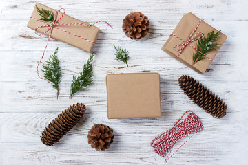 Gift wrapping. packs gifts, step by step top view