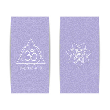 Yoga studio template. Set of vertical purple flyers with chakra and mandala symbols. Design for yoga studio, spa, center, classes, poster, magazine, invitation, gift certificate and presentation