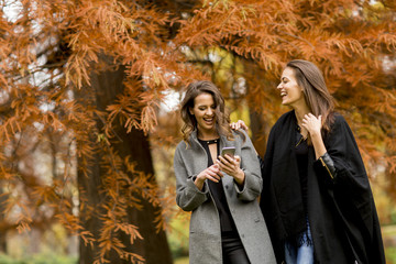 Two pretty young women using mobile phone in the autumn forest