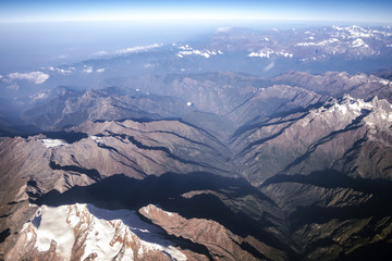 Top view image of the Himalaya mountain and blue sky from airplane window