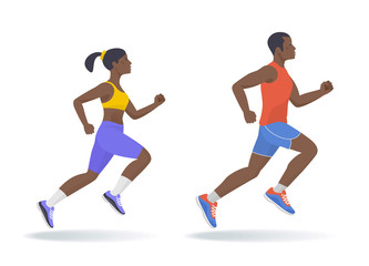 Fototapeta na wymiar The running afroamerican active people set. Side view of sporty running young man and woman in a sportswear. Sport, jogging, fitness, training concept. Flat vector illustration isolated on white.