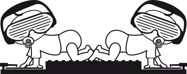 team paar 2 duo freunde party dj brille kopfhörer mischpult platte auflegen club disko musik krabbeln laufen klein süß niedlich windel kind baby comic cartoon