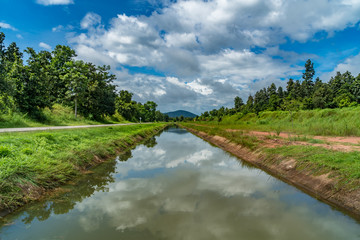 Fototapeta na wymiar Irrigation canal with blue sky
