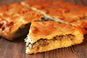 Homemade australian meat pie on the wooden table closeup